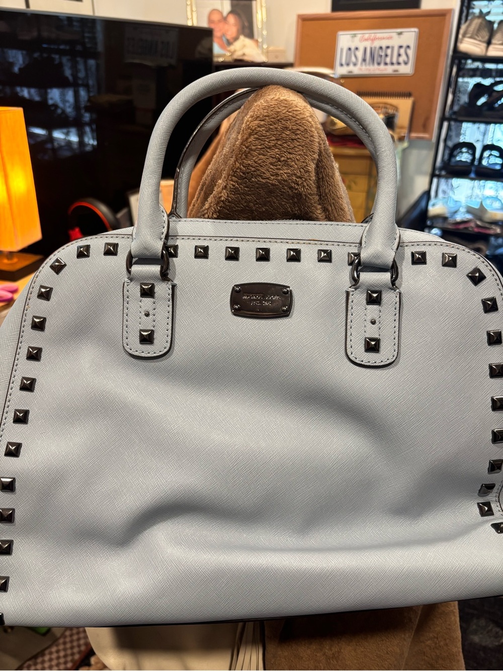 Michael Kors Light Blue Pyramid-Stud Satchel Bag
